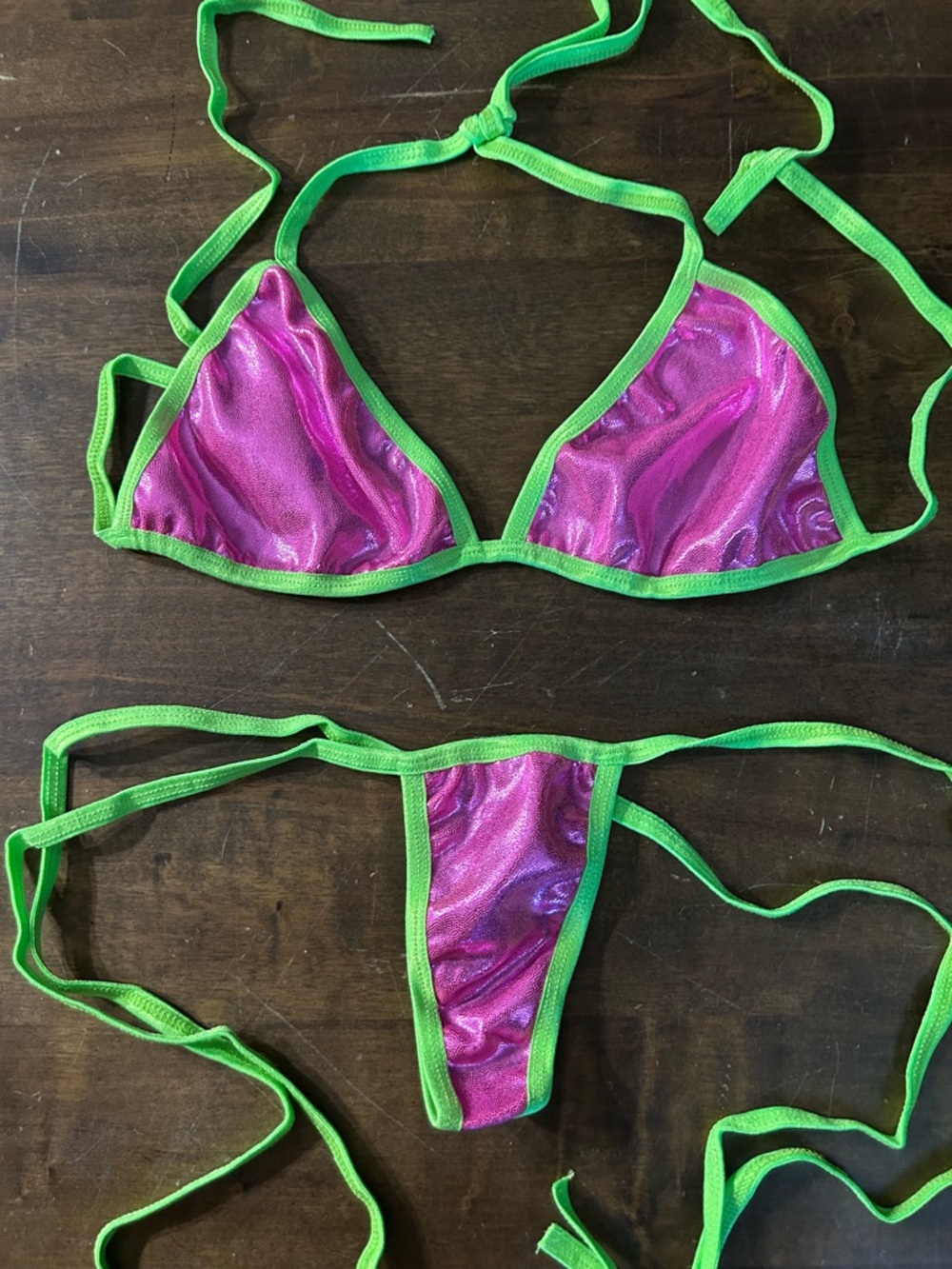 NWOT Sexy Handmade Metallic Barbie Pink & Lime Triangle Top Thong Bottom Bikini